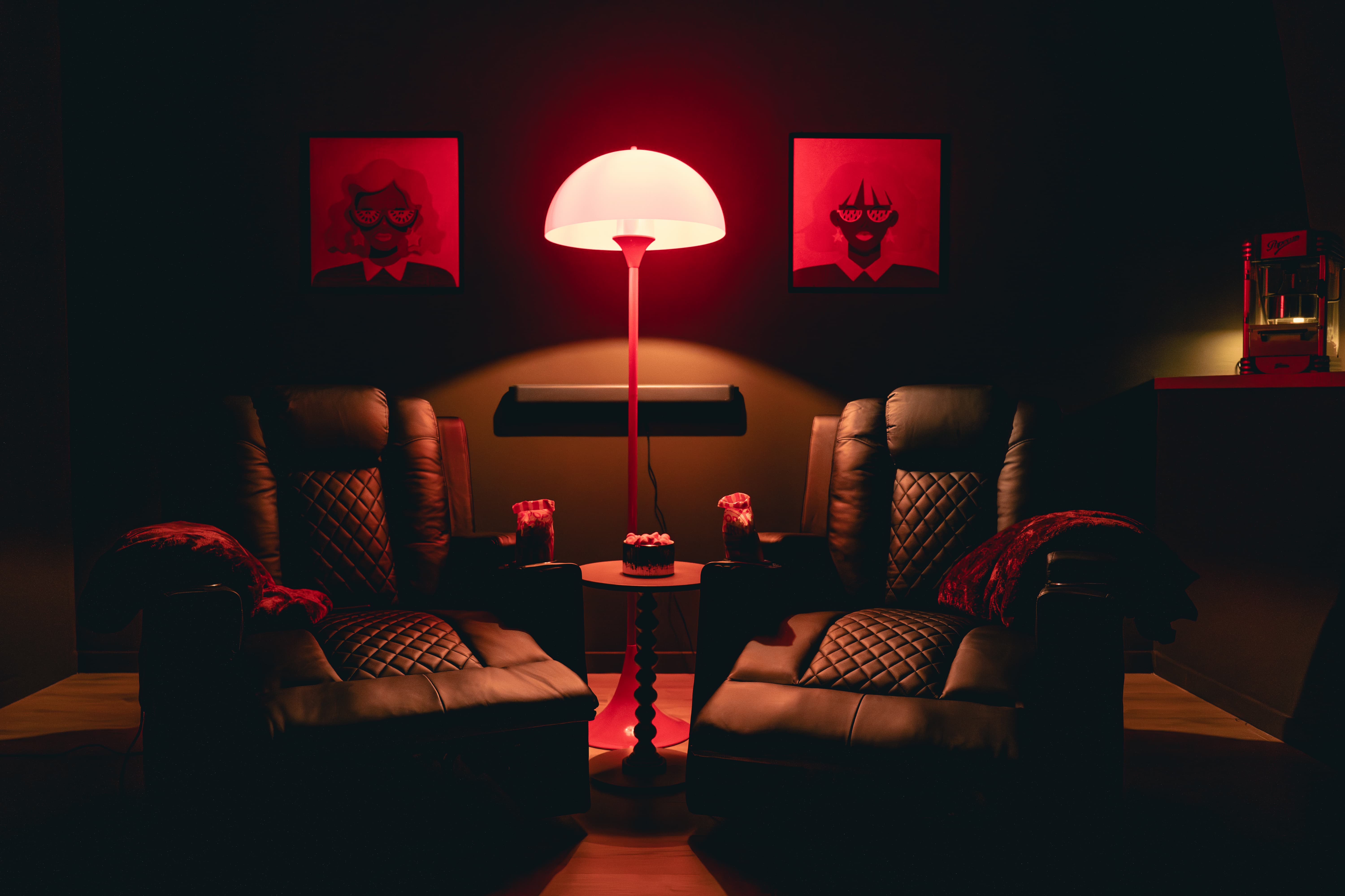 Salle de cinéma privée avec sièges rouges de théâtre